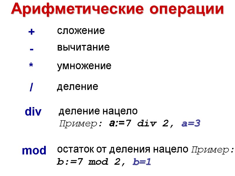 Арифметические операции  div mod деление нацело Пример: а:=7 div 2, a=3 остаток от